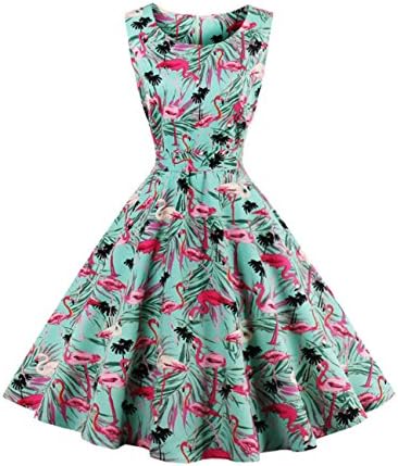 Women's Boatneck Vintage Sleeveless Tea Dress Belt Pleated Swing Party