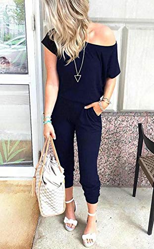 RichCoco Women's Floral Printed Jumpsuit Casual O Neck Loose Long Wide Legs Pants Jumpsuit Rompers with Pockets (Navy, L)