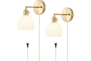 Plug in Wall Sconces Set of 2, Vintage Wall Sconce Light with Tulip Milk White Glass Lampshade, Bedroom Wall Sconce with Swit