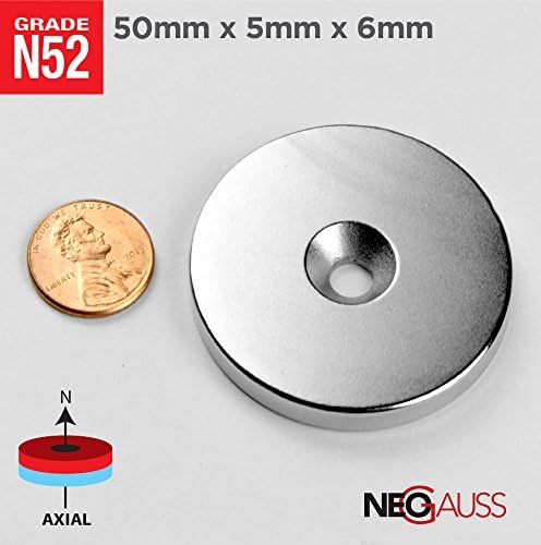 2pcs N52 - Large 50mm x 5mm Hole 6mm - 2" x 13/64" Hole 1/4" Strong Countersunk Ring Rare Earth Neodymium Magnets - by NEOGAUSS