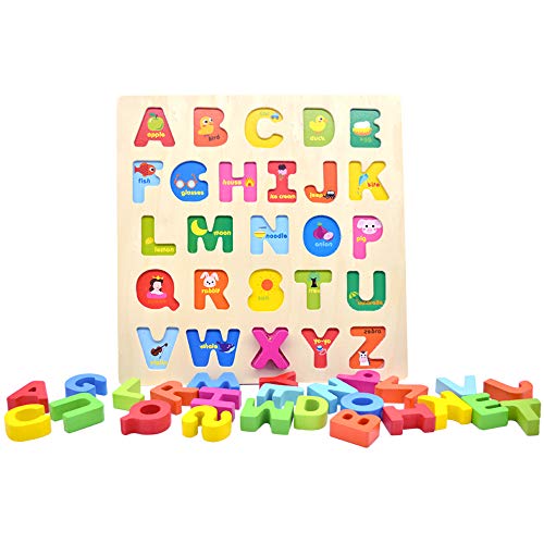 GEMEM Alphabet Puzzle Wooden Upper Case Letters ABC and Number Learning Blocks Board Toys for Toddlers Preschools Above 2 Year Old Pack of 2