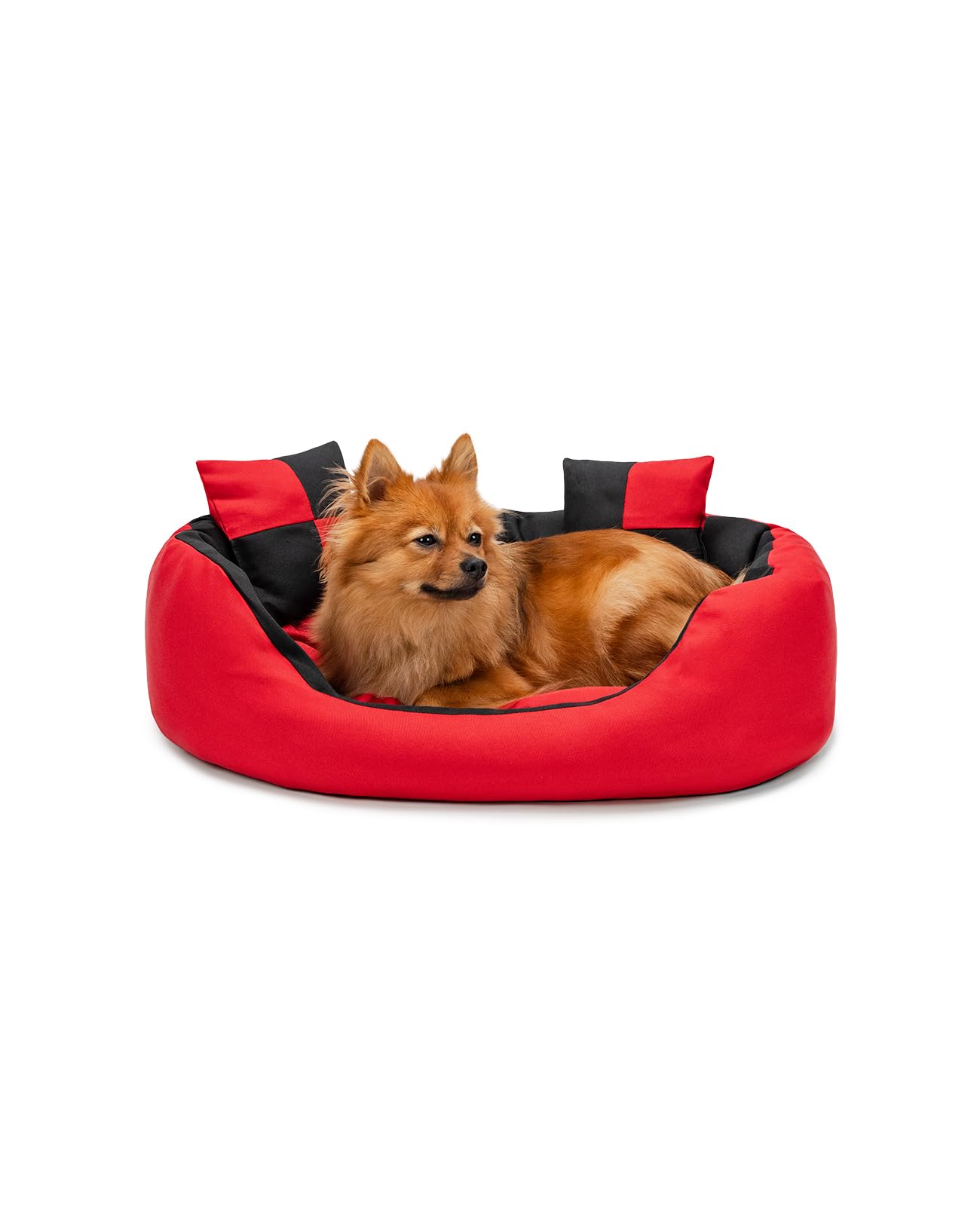 lionto Dog bed 4-in-1 with reversible cushion in Oxford, 65x50 cm, scratch-resistant pet bed with deep entry for cats and dogs, incl. decorative pillow, water-repellent, red/black