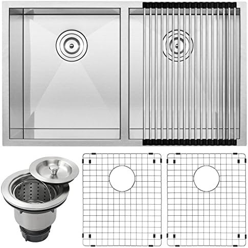 32" Ticor S3550 Pacific Series 16-Gauge Undermount Stainless Steel Double Equal Bowl Zero Radius Square Kitchen Sink with Accessories