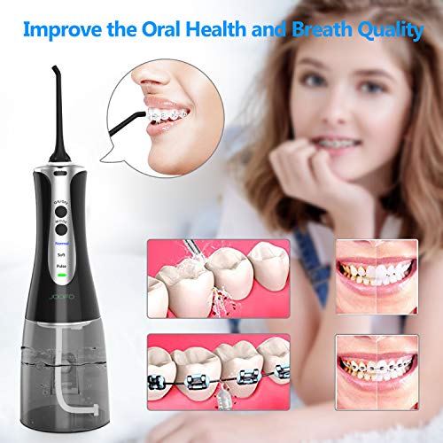 Water Flosser,JOOFO 2019 Newest Cordless Water Flosser Teeth Cleaner for Anti Leakage,3 Modes and 5 Jet Tips,300ML Portable&Rechargeable IPX7 Waterproof Oral Irrigator for Home,Travel,Office (Black)