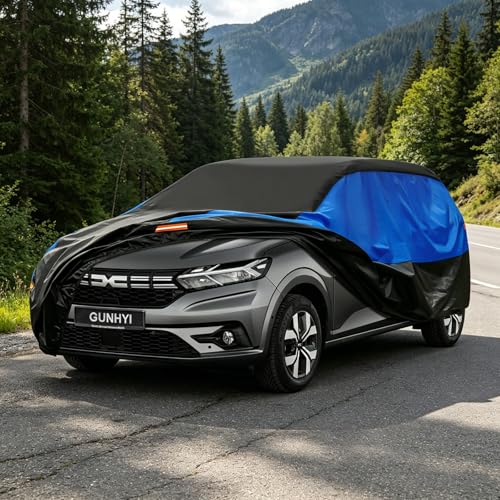Funda Impermeable y Transpirable Gunhyi para Coche, Lona para Dacia Sandero, Funda para Coche Negra y Azul, Lona Completa para Garaje para Proteger de la Lluvia.