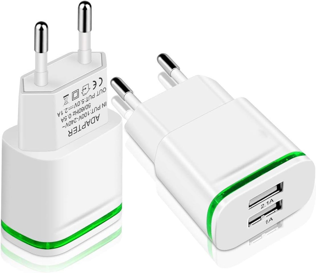 HISUNG Europe Wall Charger, 2Pack 2.1A 5V Universal LED Dual USB European Travel Charger Power Adapter Charging Plug for iPhone 7/6/5S,Ipad, Samsung Galaxy S8 Plus S7/S6 Edge, HTC, LG, More Cellphone
