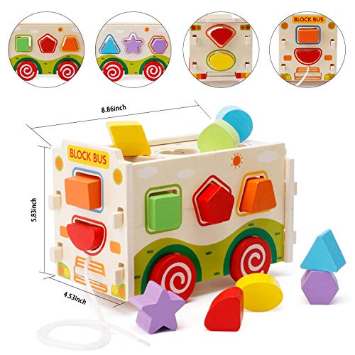 image for HM-TECH Wooden Shape Sorter Bus with Tangram & Number Puzzle Board & A