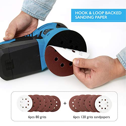 Lijadora Orbital 450W Tilswall, Lijadora Excéntrica de 6 Velocidades Variables 6000-12000RPM, con 12 Piezas Lijas… - Imagen 7