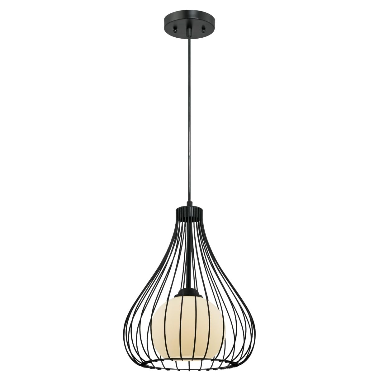 62051 One-Light Indoor Pendant, Matte Black Finish with Metal Cage and Frosted Globe