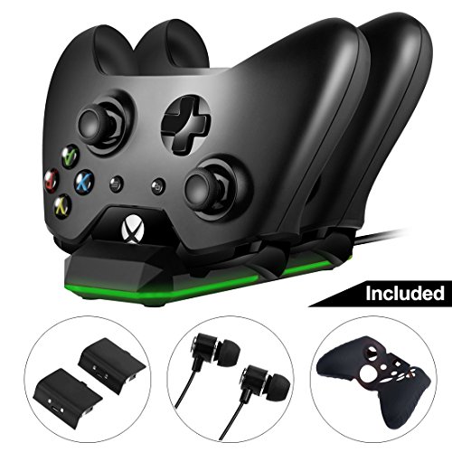 Opard Xbox One Controller Charger Station Game Kit with Dual Charging Dock with LED Indicator + 2x Rechargeable Battery Packs + Earphones + Controller Case & Thumb Grips for Xbox One/One X/One S