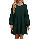 QACOHU Falll Dresses for Women 2026 Crew Neck Long Lantern Sleeve Casual Loose Flowy Swing Shift Dress