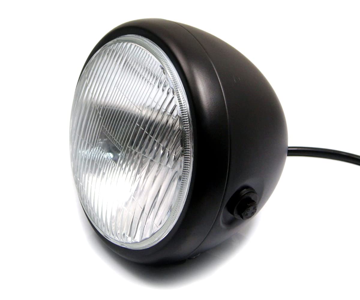Alchemy Parts Premium 6.75 Inch Motorbike Headlight for Retro Cafe Racers & More - Universal Fit, 12V/55W H4 Bulb (Black Steel)