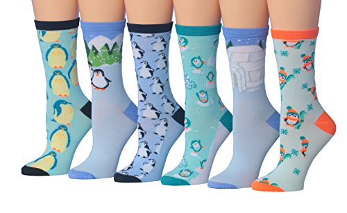 Tipi Toe Women's 6-Pairs Value Pack Penguin Novelty Animal Design Funky Winter Socks, (sock size 9-11) Fits shoe size 5-9, WC52-B