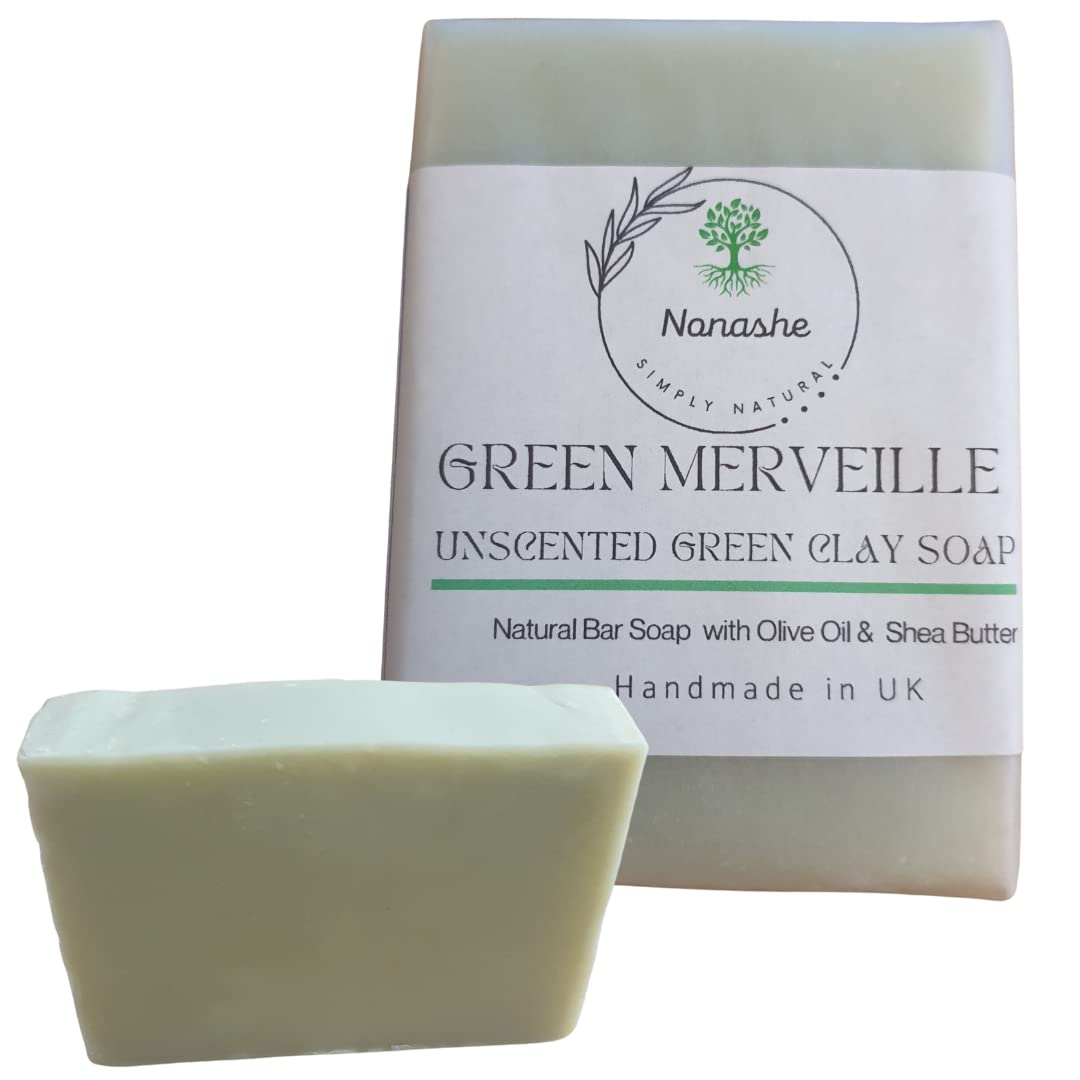 Nonashe Handmade Cleansing Soap With Olive Oil,Shea Butter,For All Types Skin,Natural Ingredients,Vegan,Palm Oil Free,Face & Body Soap for Women & Men.(Green Merveille,Unscented Green Clay Soap,100g)