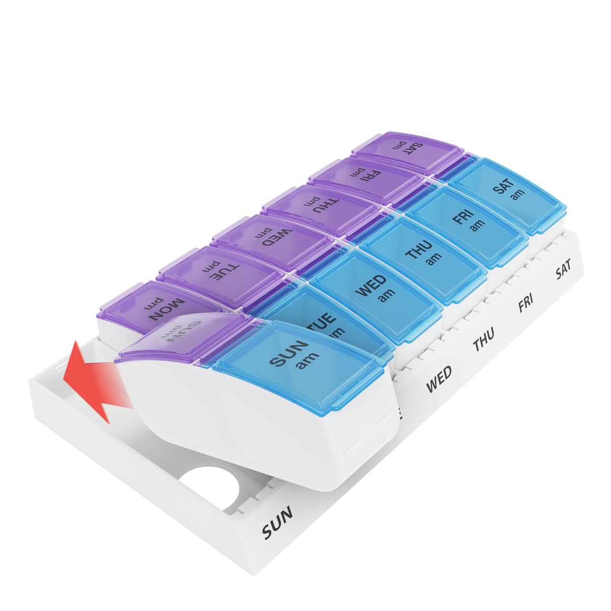 EZY DOSE Weekly (7-Day) AM/PM Pill Organizer, Vitamin and Medicine Box, Large Pop-out Compartments, 2 Times a Day, Blue and Purple Lids