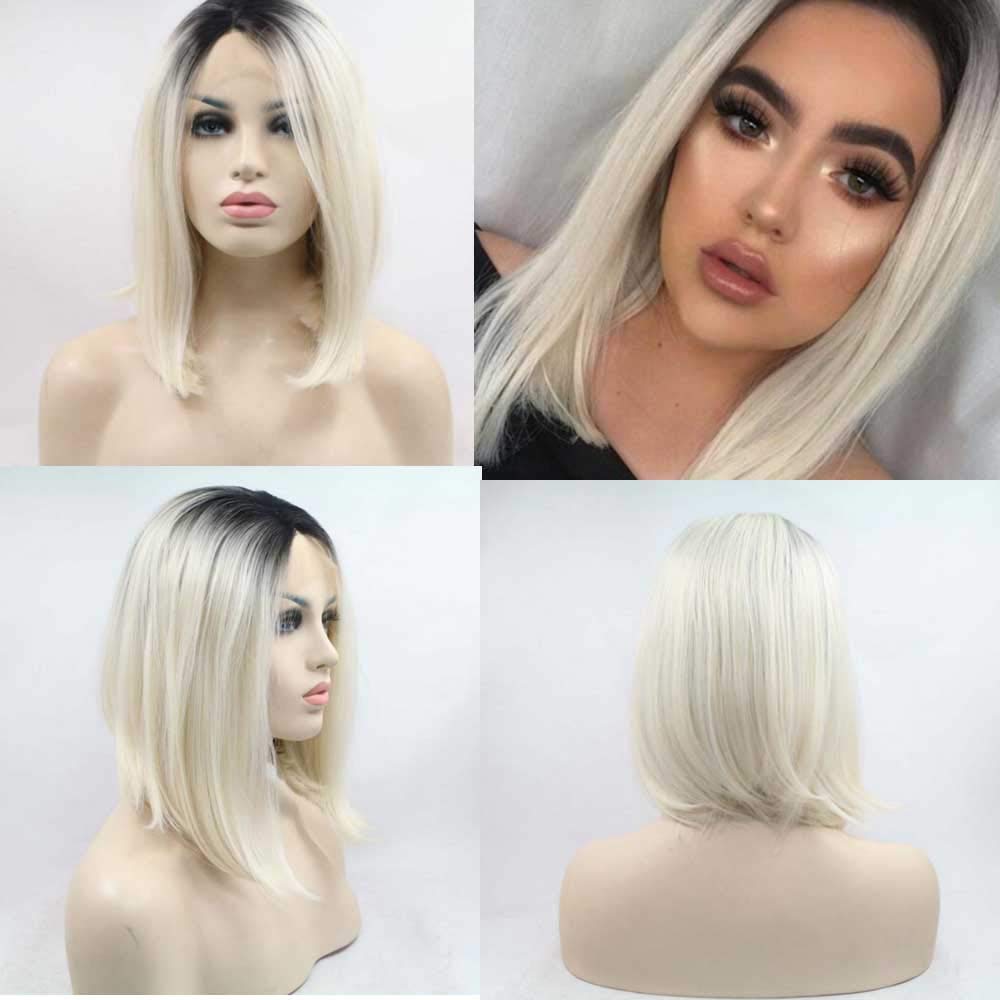 Sylvia Synthetic Blonde Lace Front Bob Wig Ombre Blonde Short Straight Hair Wigs With Dark Heat Resistant Fiber Blonde Bob Wig 14"…