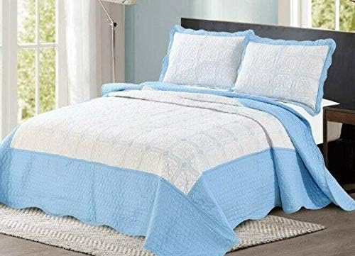 Massari 3PC Pollycotton Floral Embroidered Quilted Bedspread - 3 sizes in 6 colours + pillow covers (single, Blue)