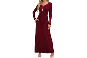 DEARCASE Women's Maxi Dress Long Sleeve Crewneck Loose Plain Casual Empire Waist Fall Party Long Dresses with Pockets