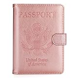 Vivefox RFID Leather Passport Holder Cover - Travel Passport Wallet Document Organizer Id Card Case (Rose Gold (with Magnet Button))