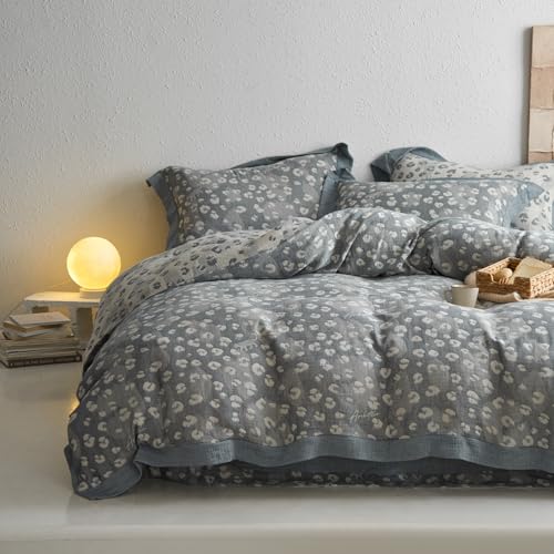 Grey Leopard Print Duvet Cover Queen Yarn-Dyed Cotton Linen Textured Duvet Cover Jacquard Bedding Set Vintage Animal Cheetah Print Floral Comforter Cover Leopard Pattern Farmhouse Bedding Set Queen at Amazon