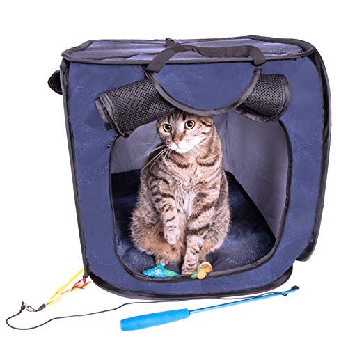 Cat Crate, Stress Free Travel Cat Kennel, Portable Indoor Outdoor Pet Crate, Cat Cage Condo Includes Storage Bag, 4 Cat Toys