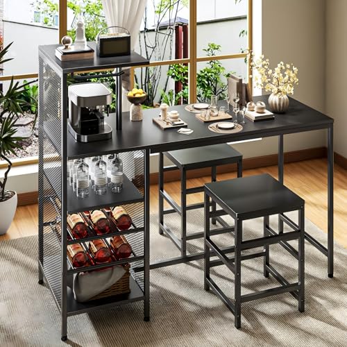 SIMPLE ESPACIO Barra de Cocina,Desayunador Tiene Seis Capas de Espacio de Almacenamiento,Mesa de Bar,Comedor Viene con Dos Sillas,con Estante para Copas Vino,Adecuado para Cocina y Bar(Negro)