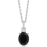 Gem Stone King 1.68 Cttw Black Onyx and White Created Sapphire Pendant Necklace For Women | 925 Sterling Silver | Gemstone December Birthstone | Oval 9X7MM | With 18 Inch Silver Chain