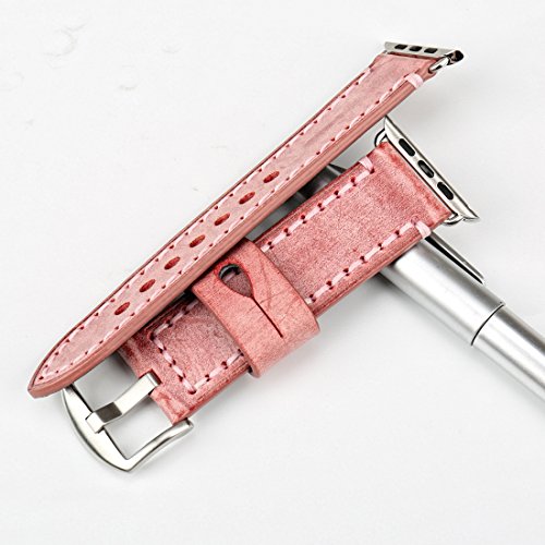 MAIKES Special Bridle Leather Apple Watch Strap for iWatch Apple Watch Band 42mm 38mm Series 3 2 1 Watchband (for Apple Watch 42mm, Red+Silver Buckle)