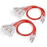 SIMBR 2 Pack 2 FT Extension Cord Heavy Duty Outdoor 14/3 with Triple Outlets, Lighted 14 Gauge, 3 Prong, 15 Amps, UL Listed (2 Pack 2 FT)