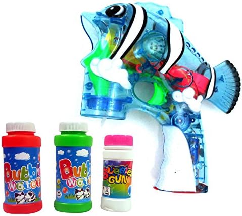 Blue Cartoon Fish Bubble Gun Led Musical Clownfish Bubble Blaster & 3 Bottles of Bubbles