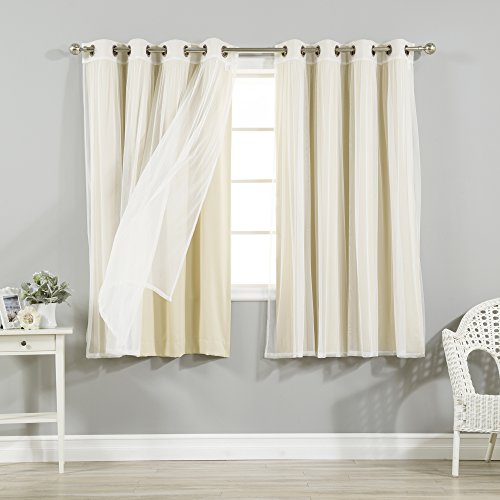 Best Home Fashion Mix & Match Tulle Sheer Lace and Blackout 4 Piece Curtain Set – Stainless Steel Nickel Grommet Top – Beige – 52″W x 63″L – (Set of 4 Panels)