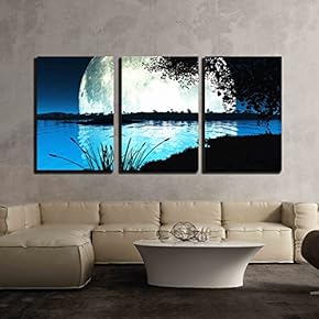 3 Piece Canvas Wall Art - Computer Generated Landscape of an Impossibly Large Moon Backlighting The Scene - Modern Home Art Stretched and Framed Ready to Hang - 16"x24"x3 Panels