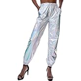 Fenyong Womens Shiny Metallic Pants, Holographic Disco Sweatpant for 70s 80s Alien Space Cowgirl Halloween Costume