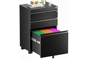 Superday File Cabinet 3 Drawer, Metal Rolling Vertical Filing Cabinet with Wheels, Small Under Desk File Cabinets for Home Office (Black)
