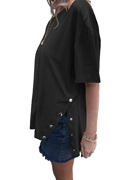 TANKANEO WOMENS SHORT SLEEVE T SHIRTS SUMMER TOPS CREW NECK SIDE SPLIT CASUAL LOOSE FIT TEE BLOUSE BLACK
