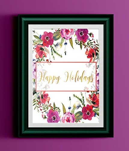 Happy Holidays Poster Watercolor Red Floral Bouquet Gold Typography