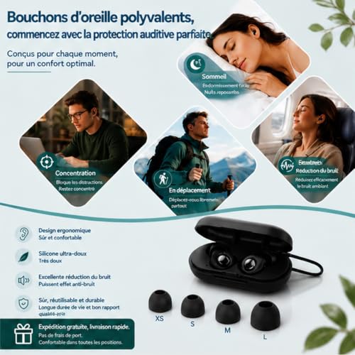Bouchon D'oreille Pour Dormir【2026 Version Améliorée】Anti-Bruit 45 dB, Bouchons Réutilisables en Silicone Souple et Ergonomiques，4 Tailles (XS/S/M/L), Adaptés Pour Dormir/Voyager/Se Concentrer/Concert