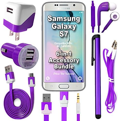 441 Wireless 6 Item Accessory Bundle for Samsung Galaxy S7 / S7 Edge (All Carriers) Includes: Car Charger, Home Charger, Data Cable, Headphones, Auxiliary Cord &amp; Stylus Pen (6 Piece-Purple)