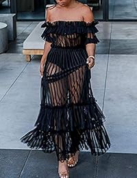 Rela Bota - Vestido largo de fiesta con mangas y hombros descubiertos para mujer