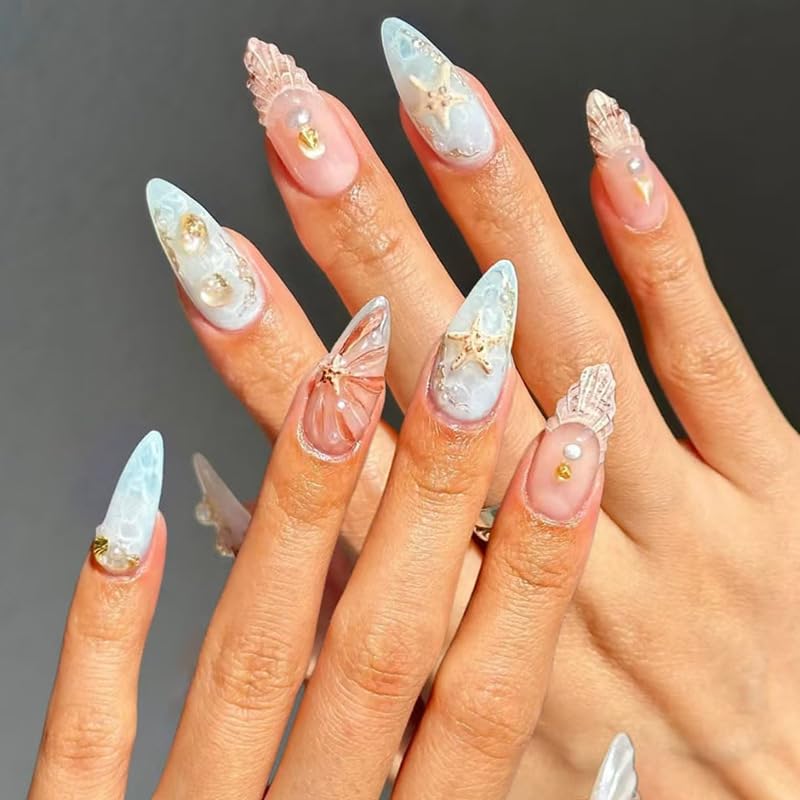 Summer Beach Press on Nails 3D Acrylic Nails Medium Almond Fake Nails Blue Sea Shell French Tips False Nails Press ons Ocean Glue on Nails Starfish Waves Stick on Nails for Women Girls Manicure 24Pcs