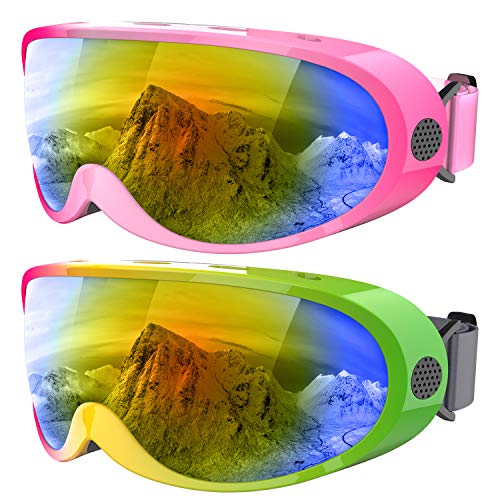 Zollen Ski Goggles, Snowboard Goggles for Kids, Boys, Girls, Youth, Men & Women, Anti-Fog Snow Goggles, Anti-Glare Lenses, 2 Packs, Colorful & Pink/Fuchsia
