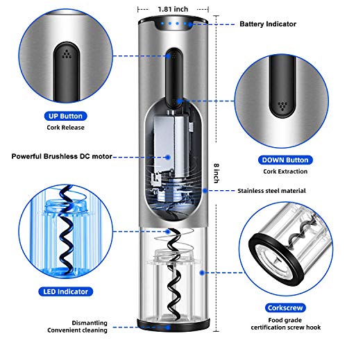 Zibet Rechargeable Electric Wine Opener,Automatic Electric Wine Bottle Opener Corkscrew with Foil Cutter,Wine Pourer and Vacuum Stopper (Stainless Steel)