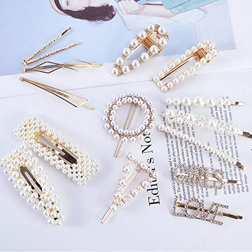 15 PCS Hingwah Pearl Hair Clips Hair Barrettes, Gold Word Letter Jewelry, Rhinestones Crystal Hair Bobby Pins, Fashion Party, Birthday, Wedding Gifts, Bling Geometric Hair Accessories for Women Girls - Thumbnail 6