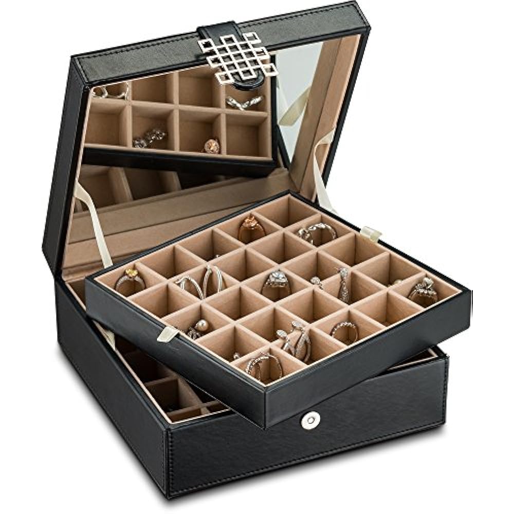 Classic 50 Slot Jewelry Box Earrings Organizer Large Mirror, Black Home