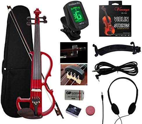 Vizcaya SEV01 Full-Size 4/4 Solid Wood Electric/Silent Violin with Ebony Fittings Complete Kit (Hard Case,Bow,E-Tuner,Headphones,Shoulder Rest,Violin Hanger,Mute,Pinkinest,Extra Strings,Rosin)-Red