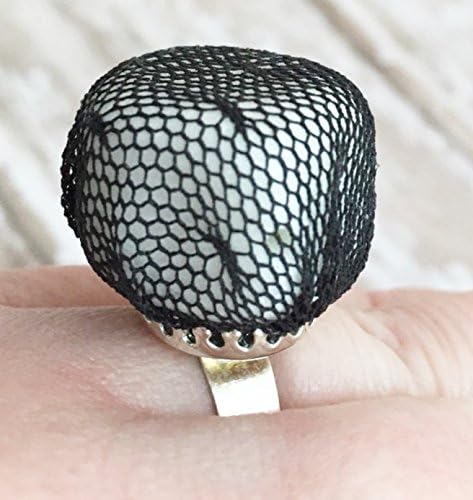 Black and White Chunky Statement Cocktail Ring with Lace Covered Bead and Silver Tone Adjustable Base