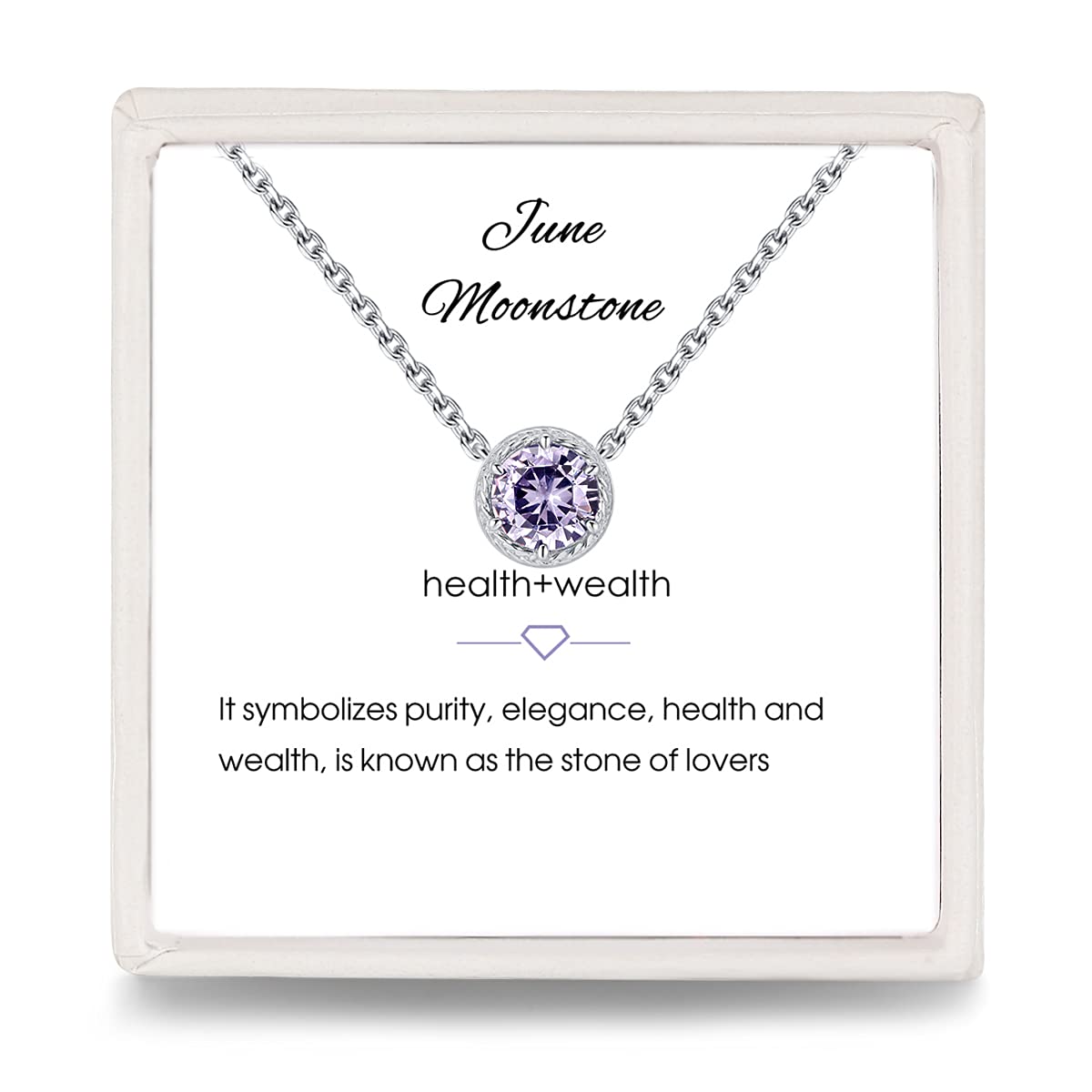 Presentski Alexandrite Jun Birthstone Necklace - Purple Crystal Dainty Necklace Pendant Sterling Silver, Genuine Moonstone Solitaire CZ Necklaces