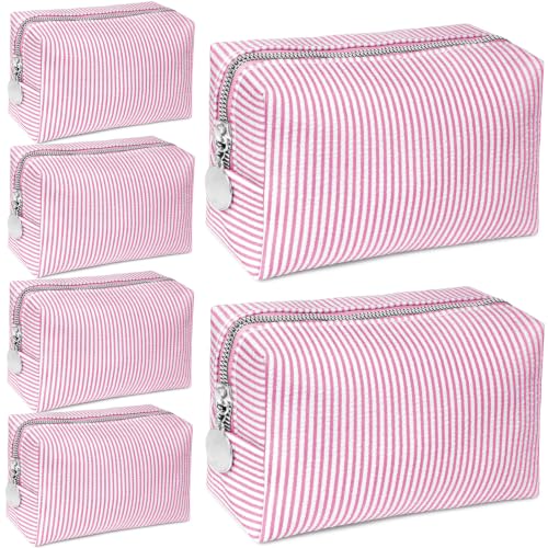 6 Pcs Seersucker Makeup Bags Bulk for Women, Cute Travel Cosmetic Bag Set, Stripe Toiletry Pouch Preppy Aesthetic Organizer Storage Pouch for Girls Wedding Bridesmaid Bride Favor Mom Gift (Rose Pink) at Amazon
