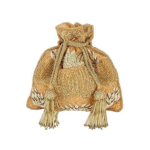 Women's Dabka, Glass Beads Handwork Embroidery Work Potli Bag (Beige)