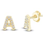 Round Cut White Cubic Zirconia Alphabet A-Z Letter Initial Stud Earrings In 14k Yellow Gold Over Sterling Silver